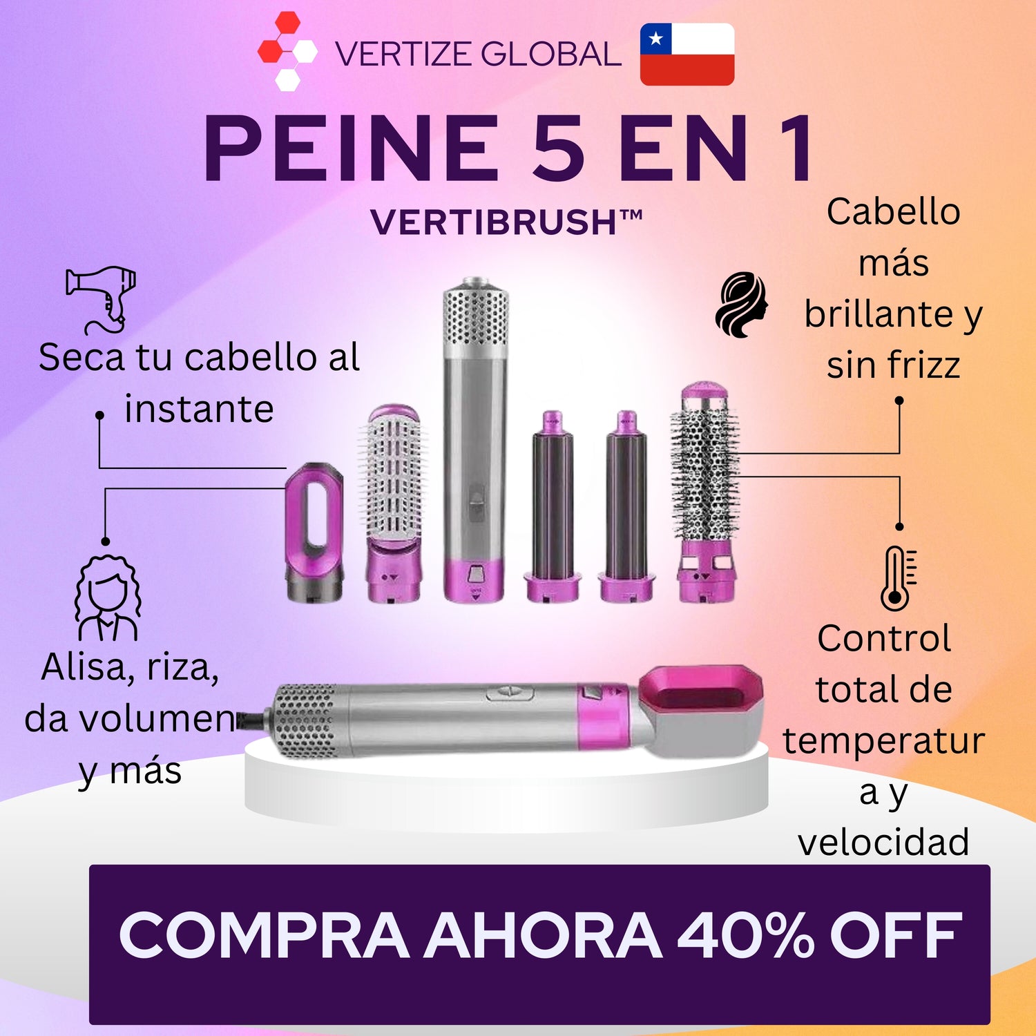 Peine secador profesional con cabezales intercambiables, envío gratis Chile y pago contraentrega